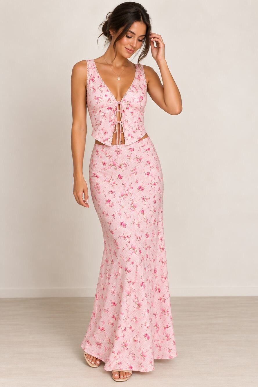 Pink Rose Cottagecore Floral 2 Piece High Waist Skirt Tie Corset Top Dress Set